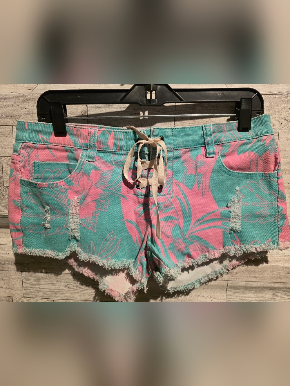 Ocean Drive Pink & Teal Tropical Drawstring Denim Shorts